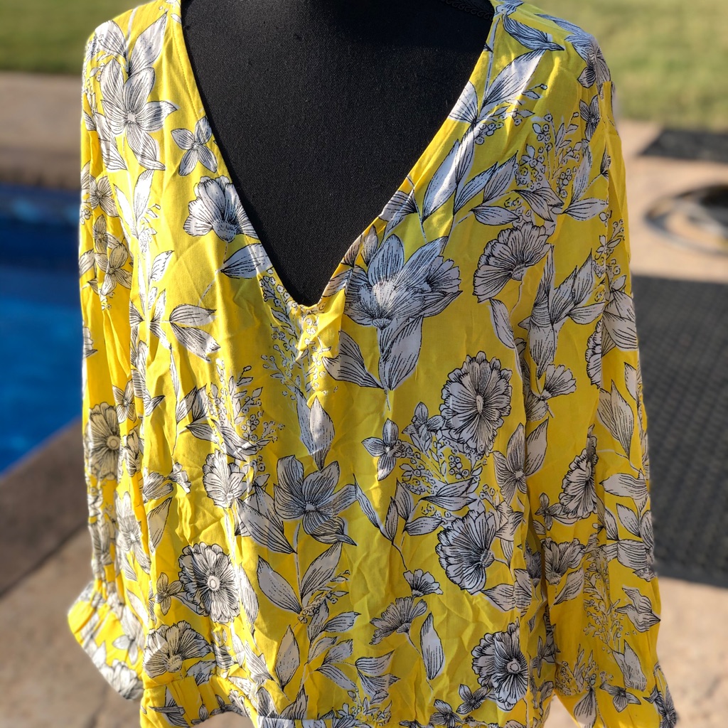 A New Day Yellow Floral V Neck High/Low Blouse